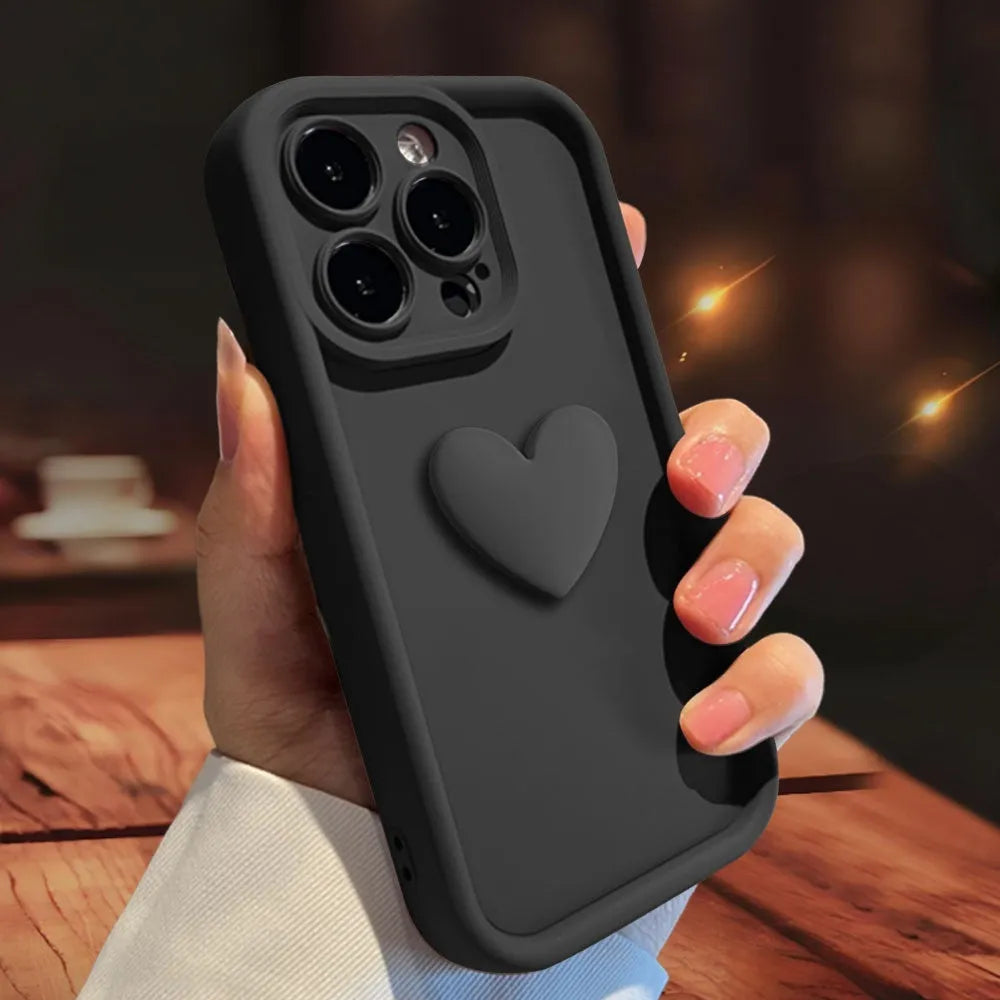 Three-dimensional love frosted lens phone case for iPhone 16 in black with TPU soft shell