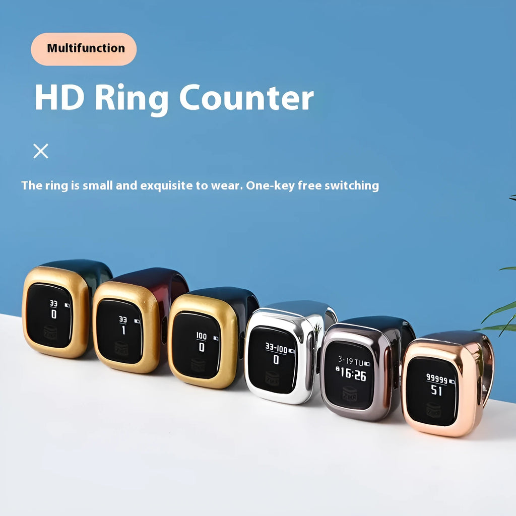 Electronic dhikr counter on wrist showing digital display, available in black, space gray, rose gold, silver, wine red, or green.