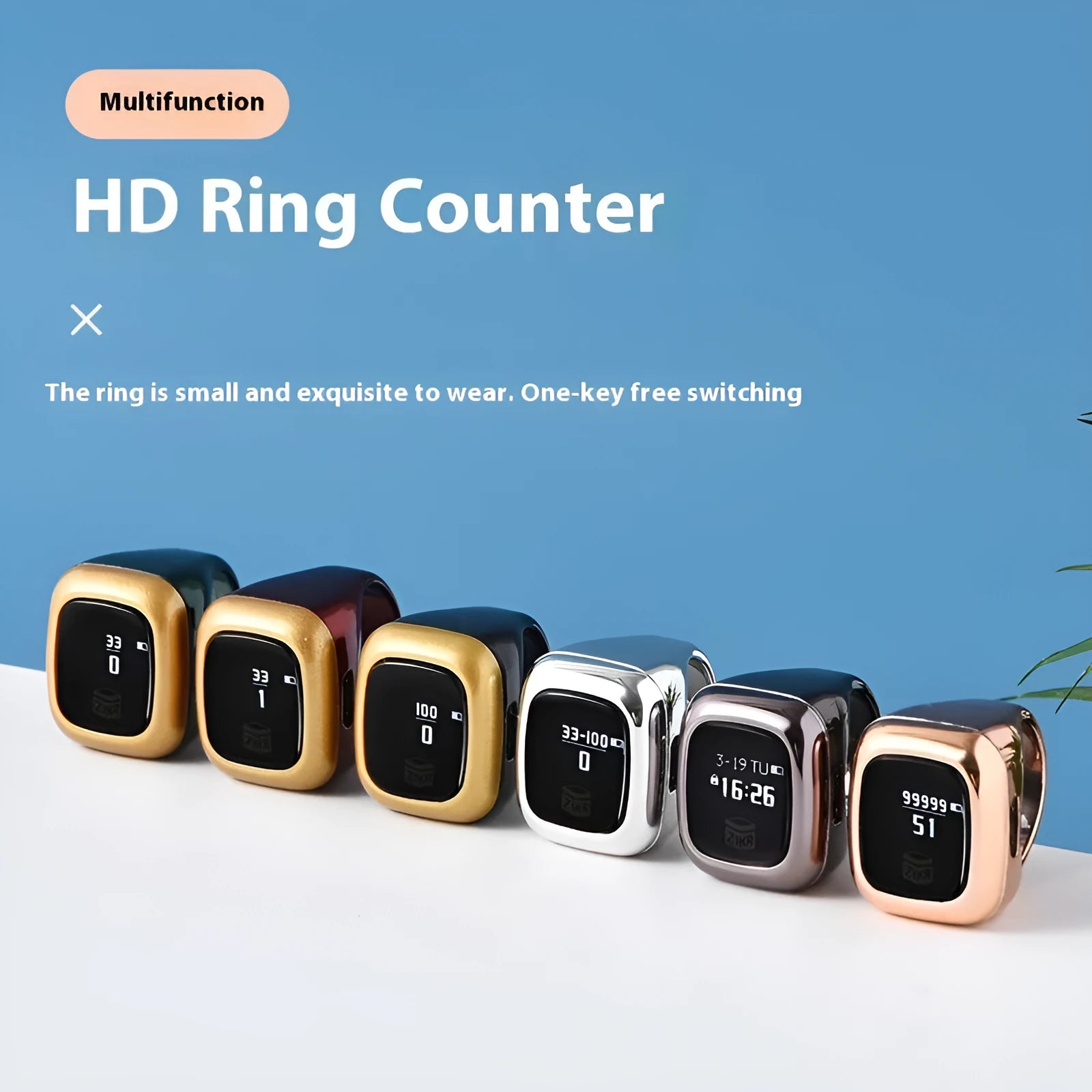 Electronic dhikr counter on wrist showing digital display, available in black, space gray, rose gold, silver, wine red, or green.