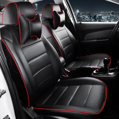 Cow leather car seat cover in beige and black with red line colour options on a car seat