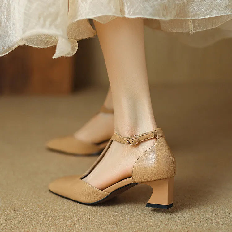 Wine red retro women's shoes with square toe, chunky heel, buckle closure and sewing lines on sheepskin leather.