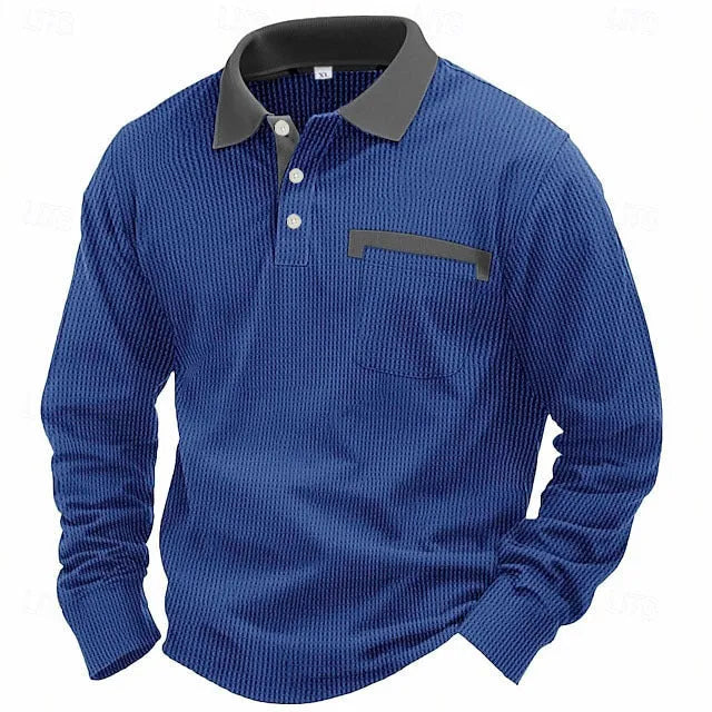 Man wearing a long-sleeved waffle-knit polo shirt in an asymmetric design, shown in a solid colour.