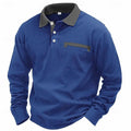 Man wearing a long-sleeved waffle-knit polo shirt in an asymmetric design, shown in a solid colour.