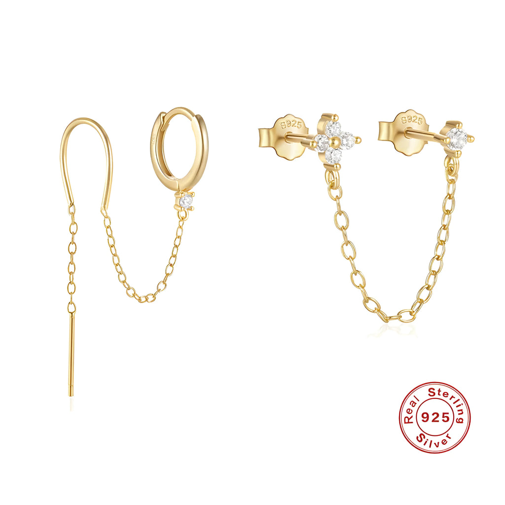 S925 sterling silver earrings with electroplated gold finish and geometric flower tassel chain design