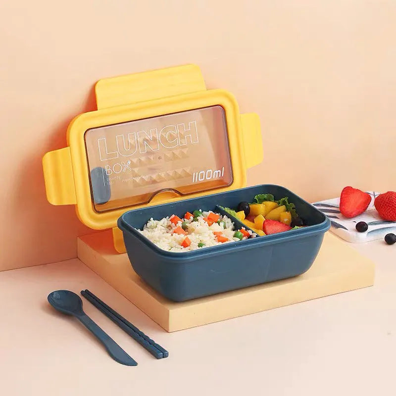 Four-layer partitioned bento lunch box in Nordic style with green, red, and yellow colour options