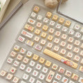 Rabbit Bear Restaurant themed PBT plastic keycap set for mechanical keyboards, showing 140 keys with EOA height profile.
