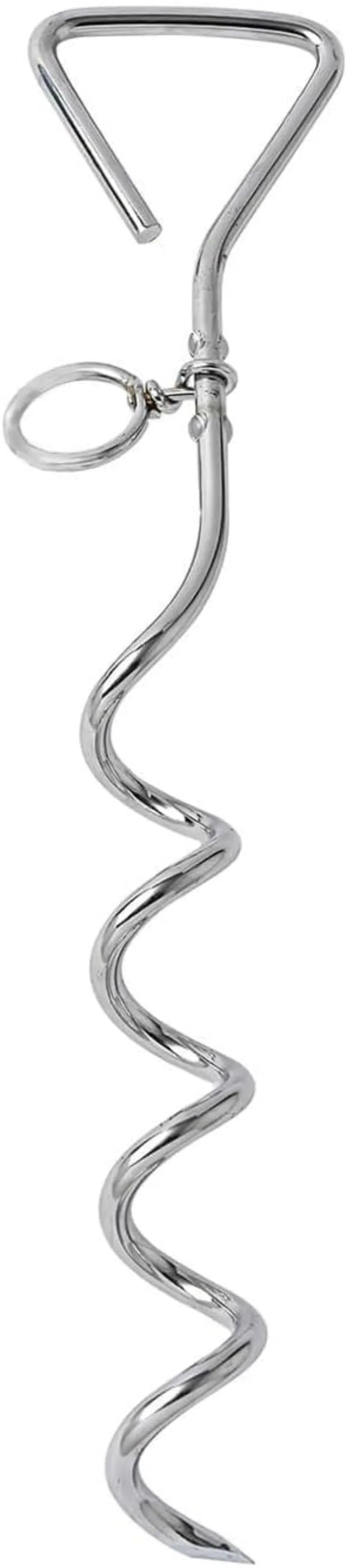 Silver spiral dog tie-out stake for outdoor tethering in sandy ground