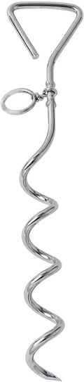 Silver spiral dog tie-out stake for outdoor tethering in sandy ground