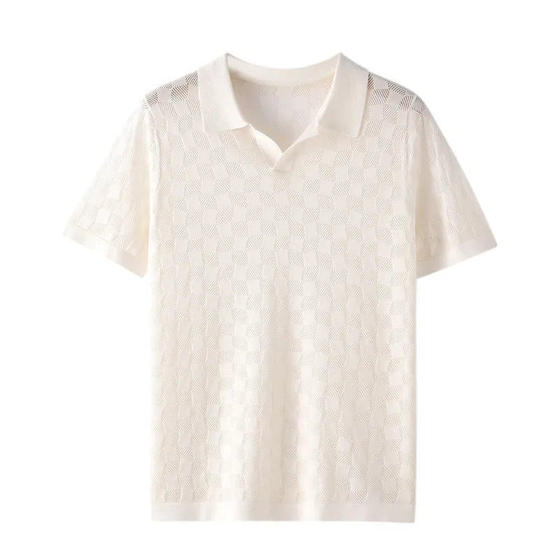 Men's mulberry silk short sleeve business casual sweater with lapel collar in neutral colours