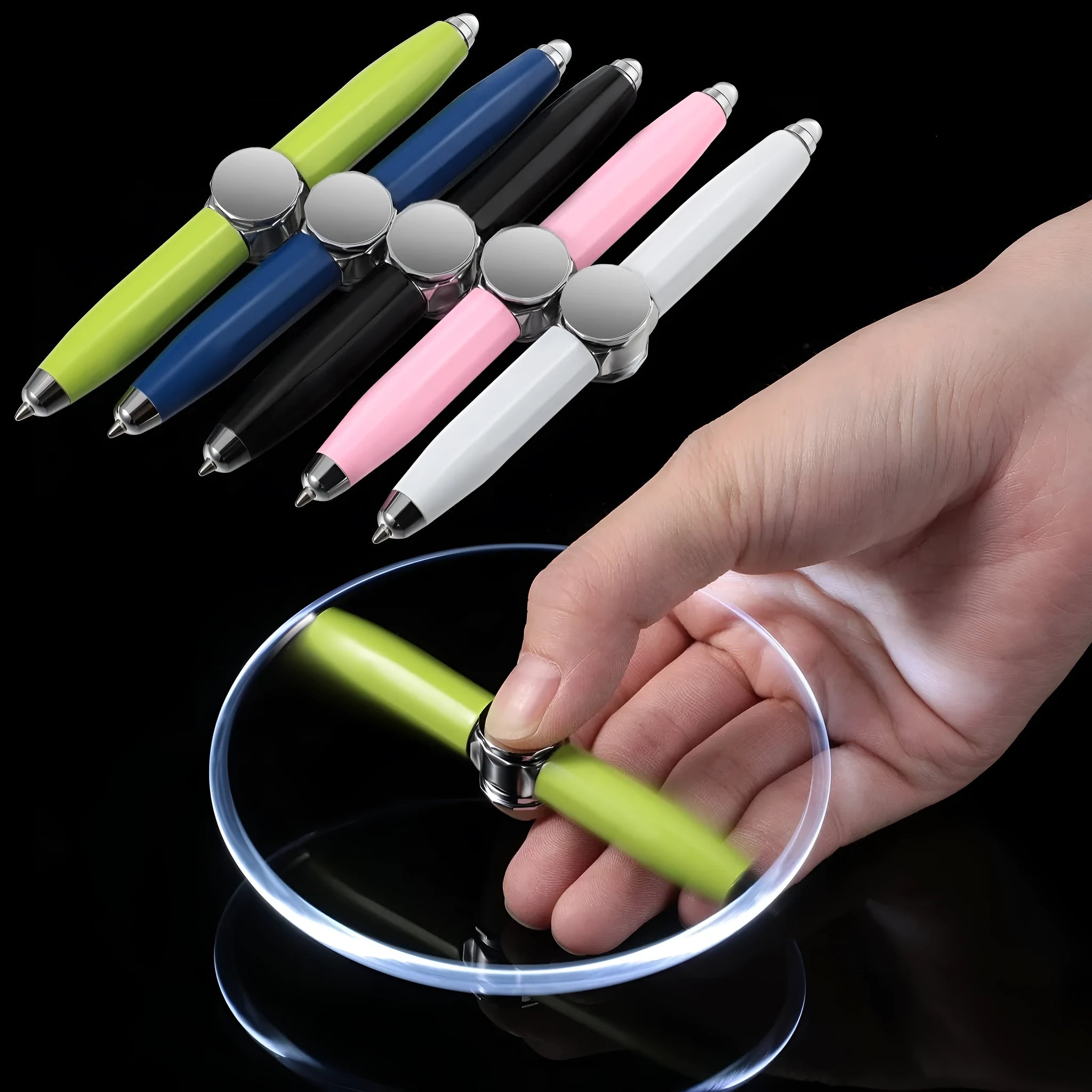 Metal LED spinning gyro ballpoint pen in hand, showing fidget spinner top and pen tip.