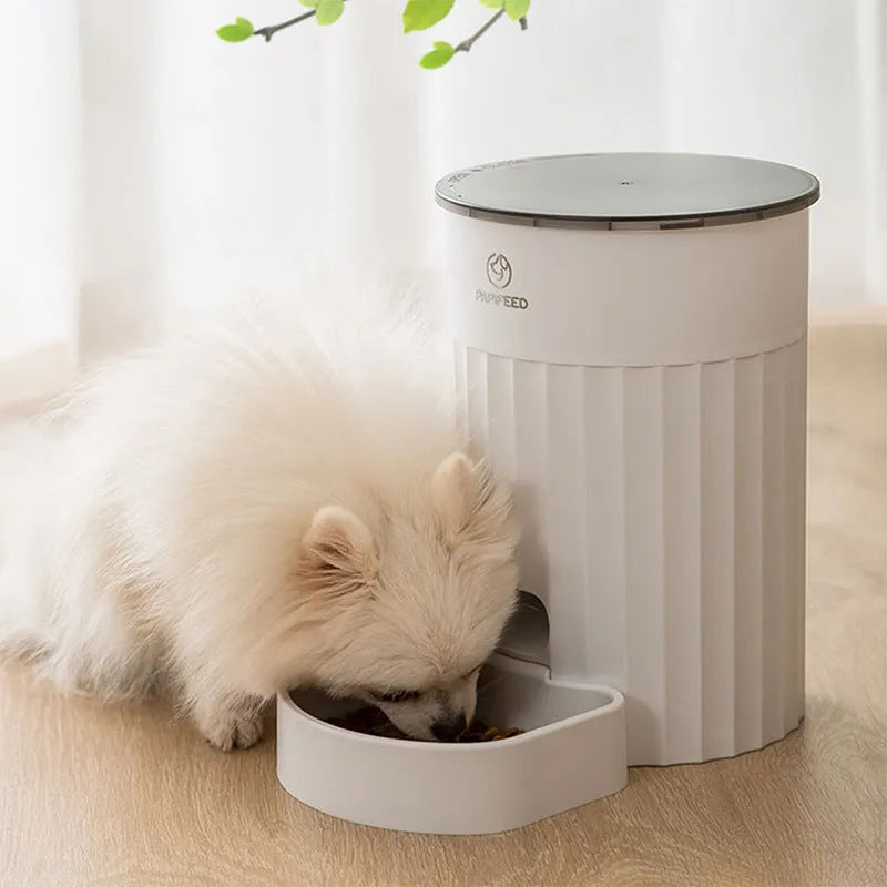 White PP cat automatic pet feeder with WIFI control, side view showing button panel and food tray