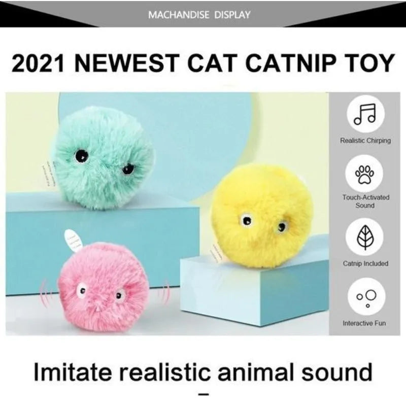 55mm diameter interactive cat toy ball in blue, pink, and yellow colours with removable lid for catnip