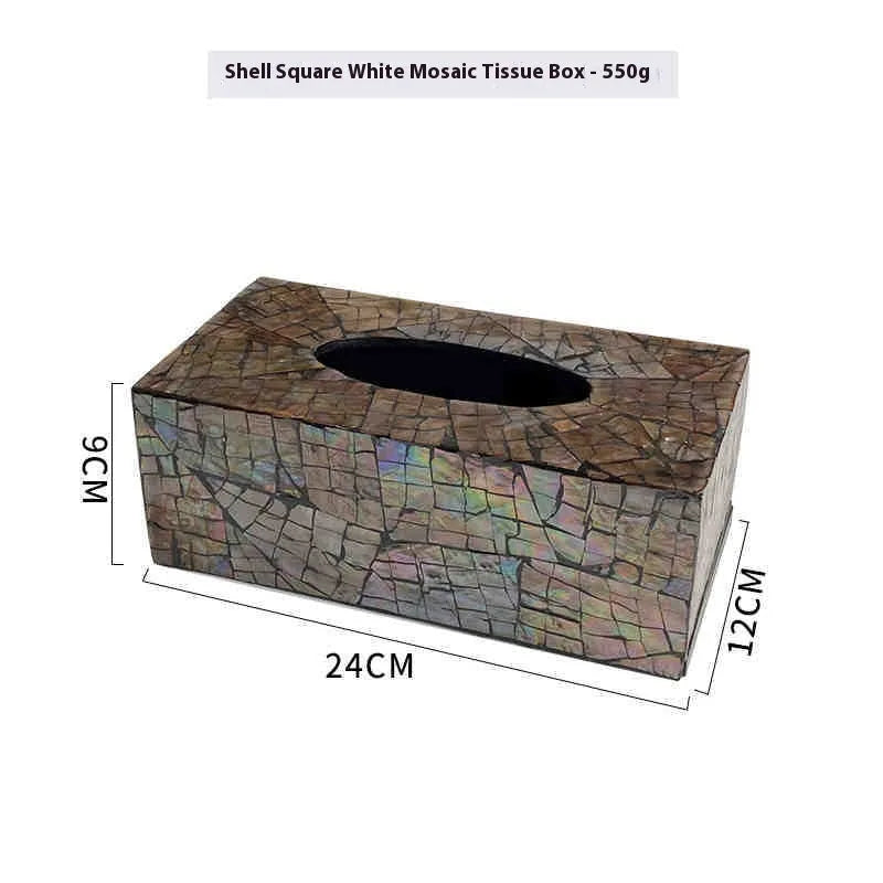 Natural shell tissue box storage in black with modern minimalist design, showing rectangular and square options