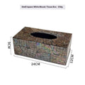 Natural shell tissue box storage in black with modern minimalist design, showing rectangular and square options