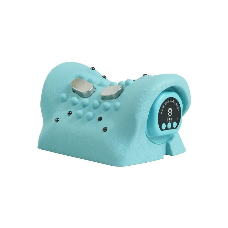 Blue-green cervical spine massage pillow showing compact 17cm design with hot compress and vibration functions