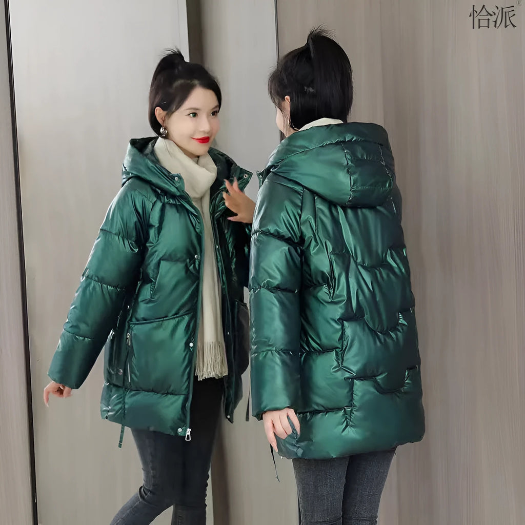 Women's loose thick hooded winter jacket in acrylic blend fabric shown in available colours