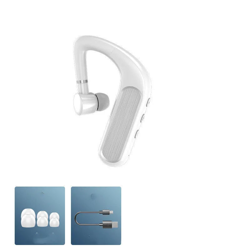 Black Bluetooth earphones with hanging ear design, shown with a charging case and spare ear caps.