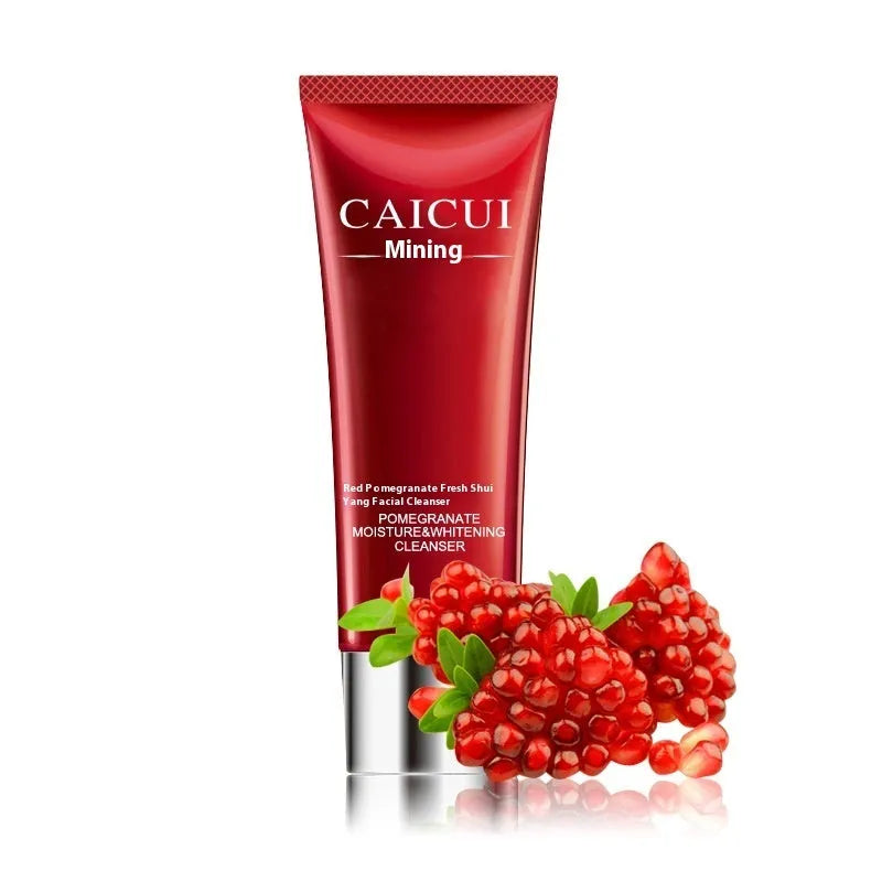 Pomegranate skincare set showing red bottles of face wash, toner, lotion, and facial cream.
