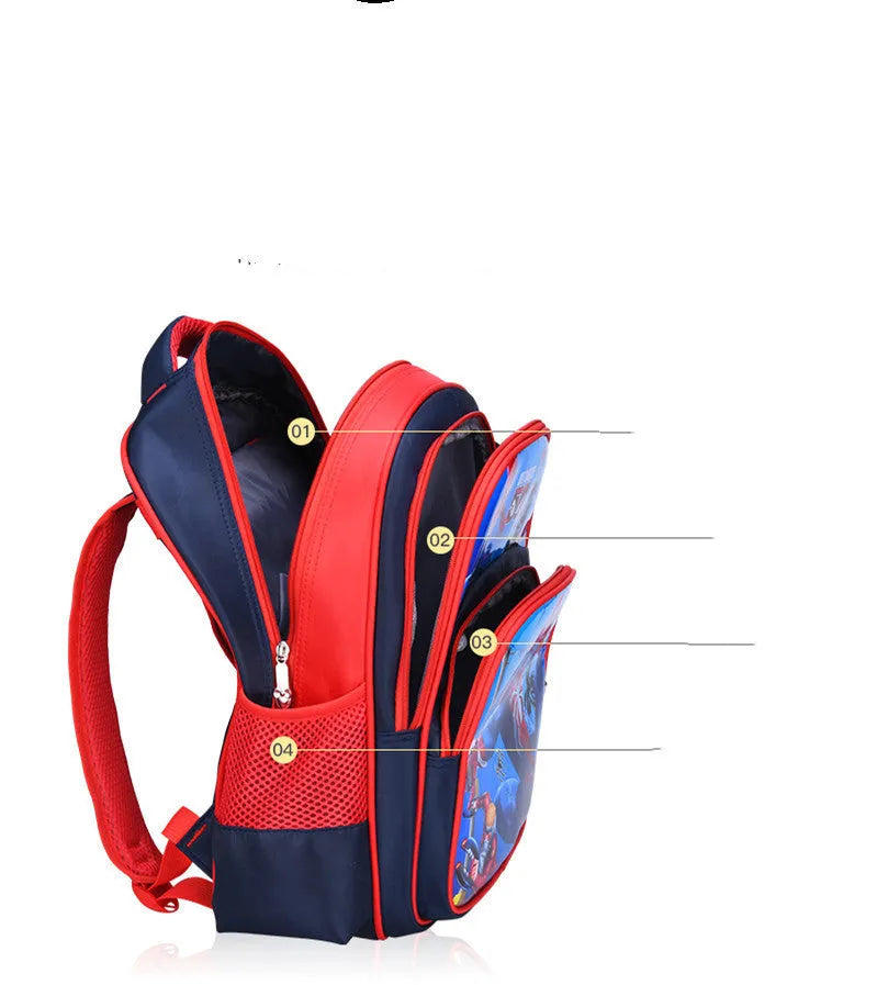 Blue children's backpack with anime cartoon print showing front compartment and shoulder straps