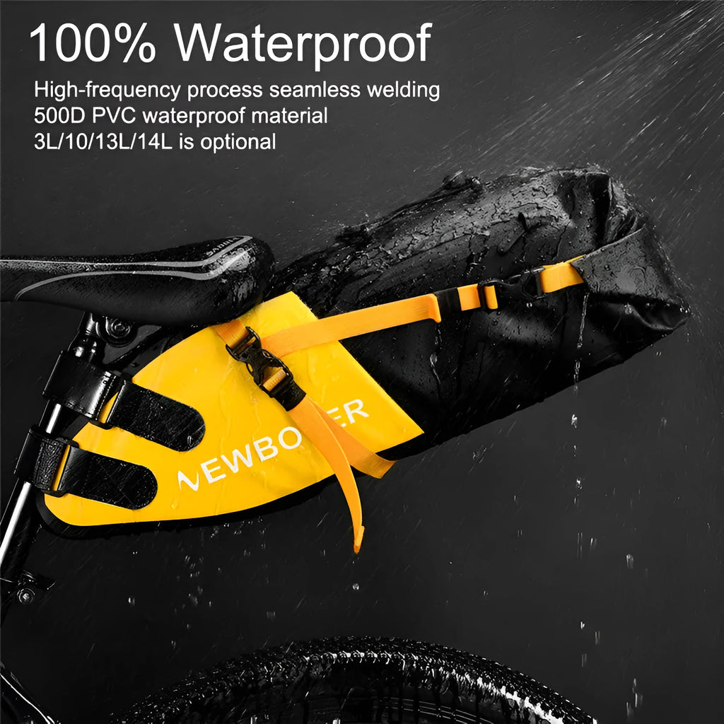 Large black waterproof bicycle tail bag attached to a bike seat post, showing its 13 litre capacity.