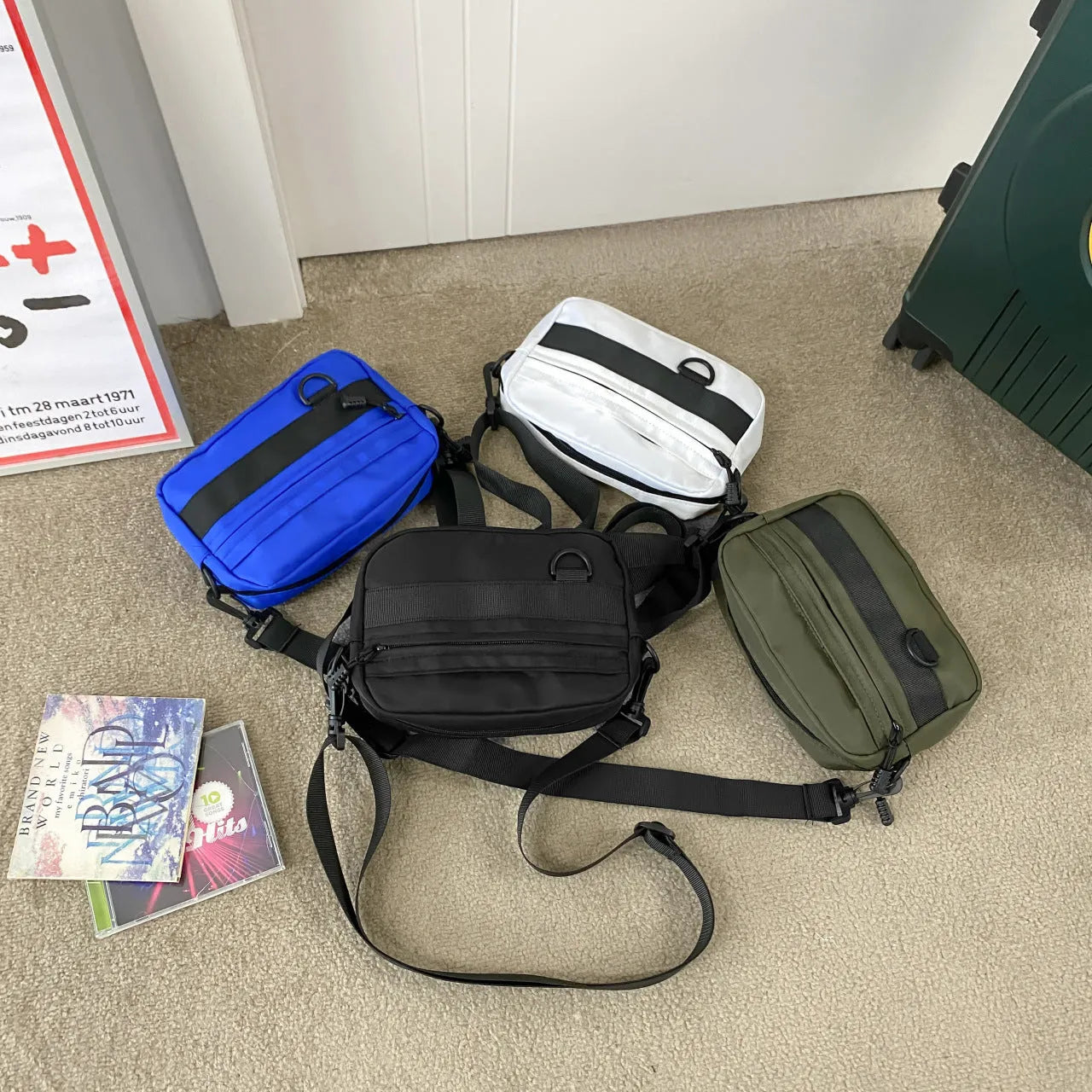 Men's nylon crossbody messenger bag in black blue green or white colours 22cm length