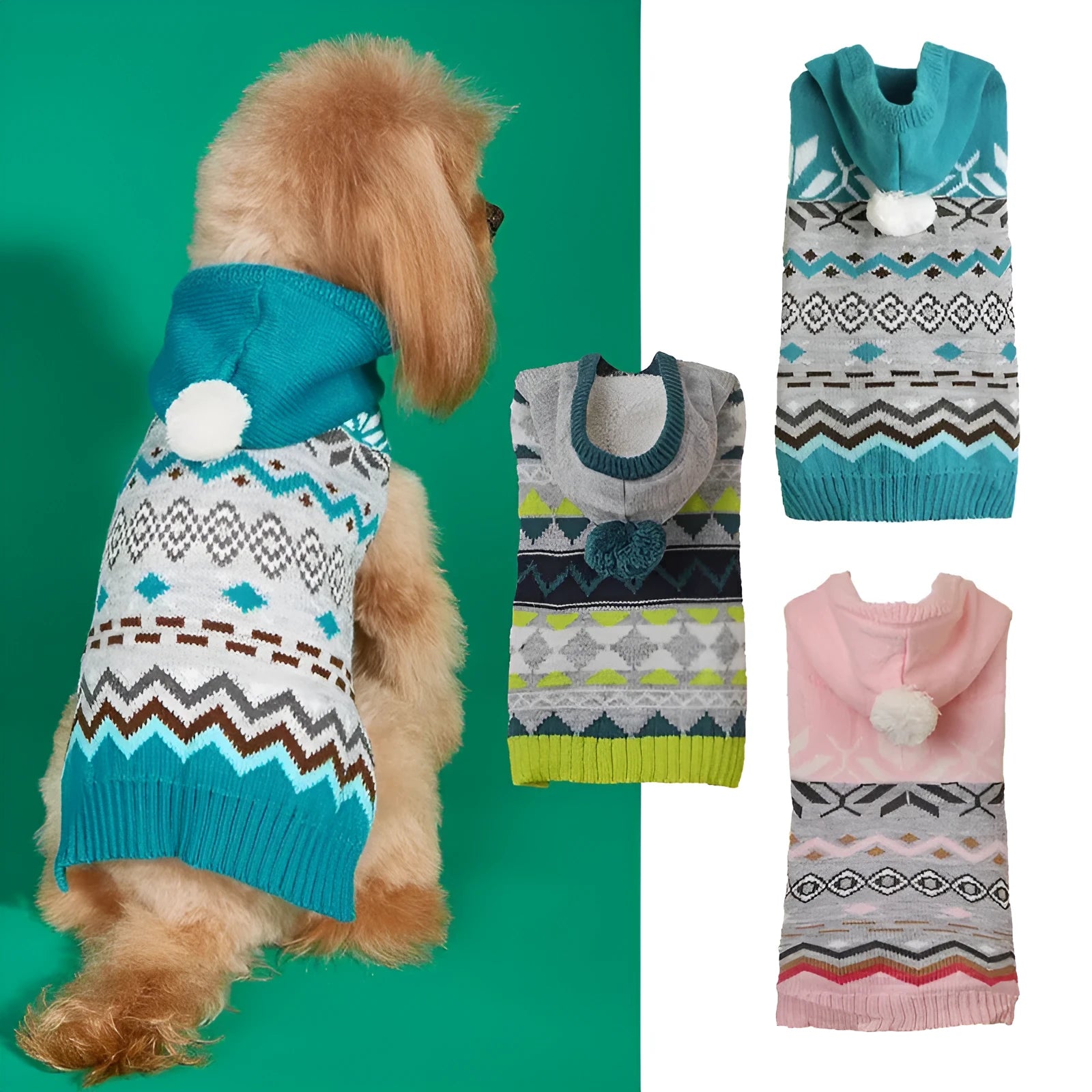 Green classic diamond pattern knitted sweater for a small dog on a white background.