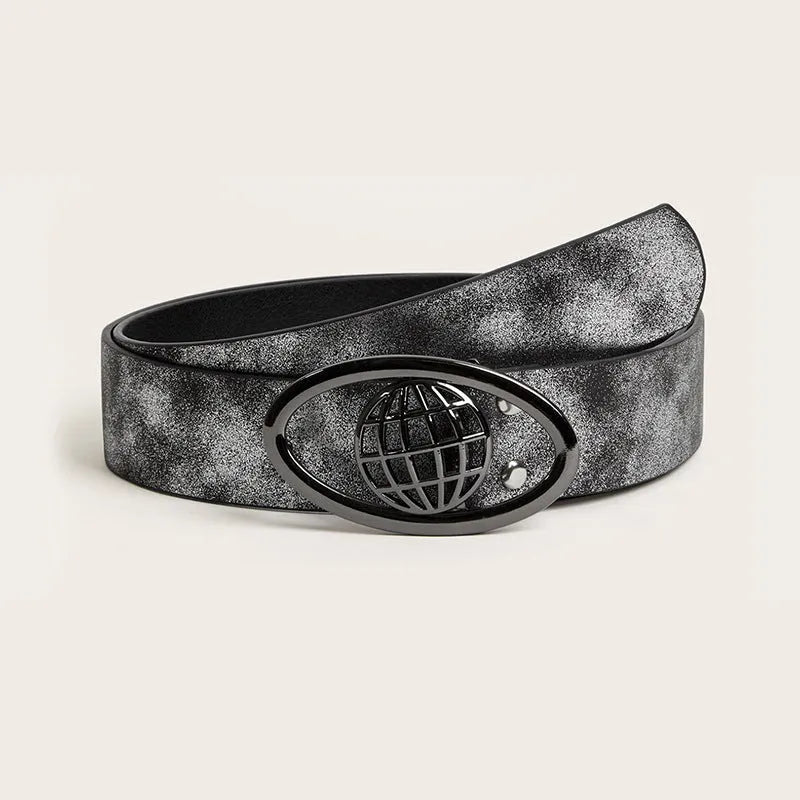 Retro women's belt with oval alloy buckle in thick width and antique finish