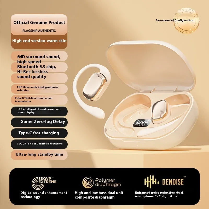 Ear-mounted wireless headphones with digital display in black, skin colour, or white ABS casing