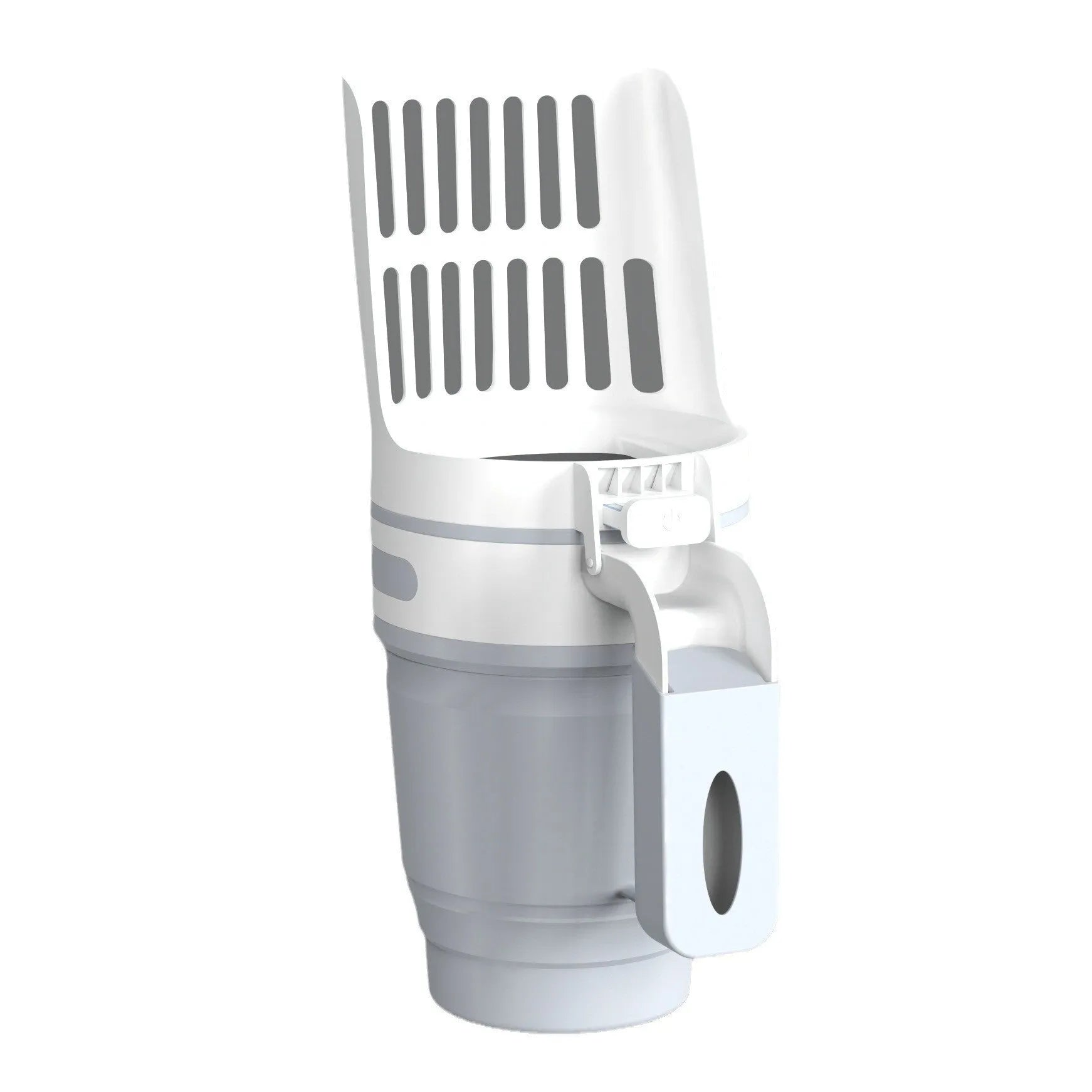 Grey foldable cat litter scoop with built-in waste bin and refill bags for cats and dogs.