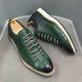 Men's low-top handmade lace-up shoes with an embossed pattern on the upper, shown in a choice of colours.