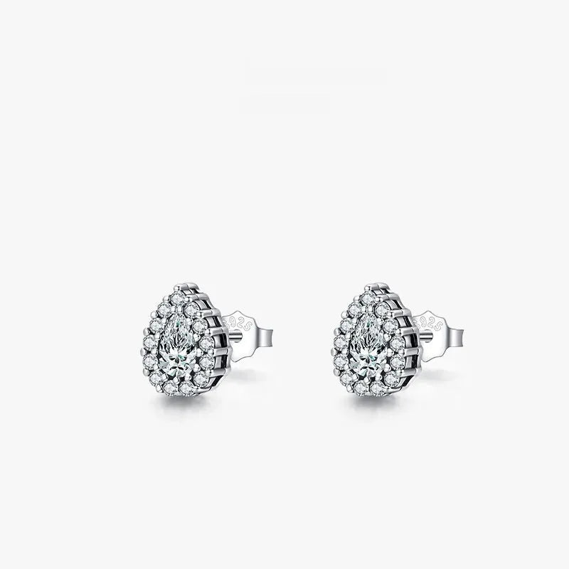 Silver water drop ear studs with geometric shape and diamond-cut surface