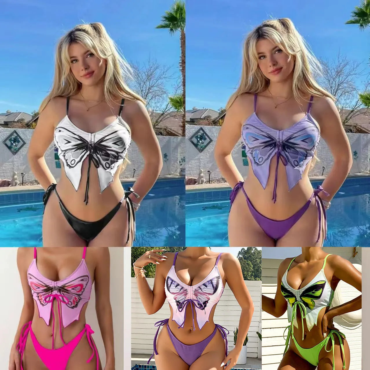 Purple women's bikini suit with bow detail and split design on a mannequin.