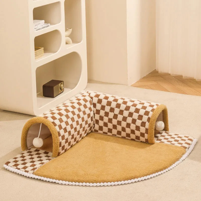 Brown plush plaid XL cat tunnel bed with central mat and non-slip bottom for indoor cats.
