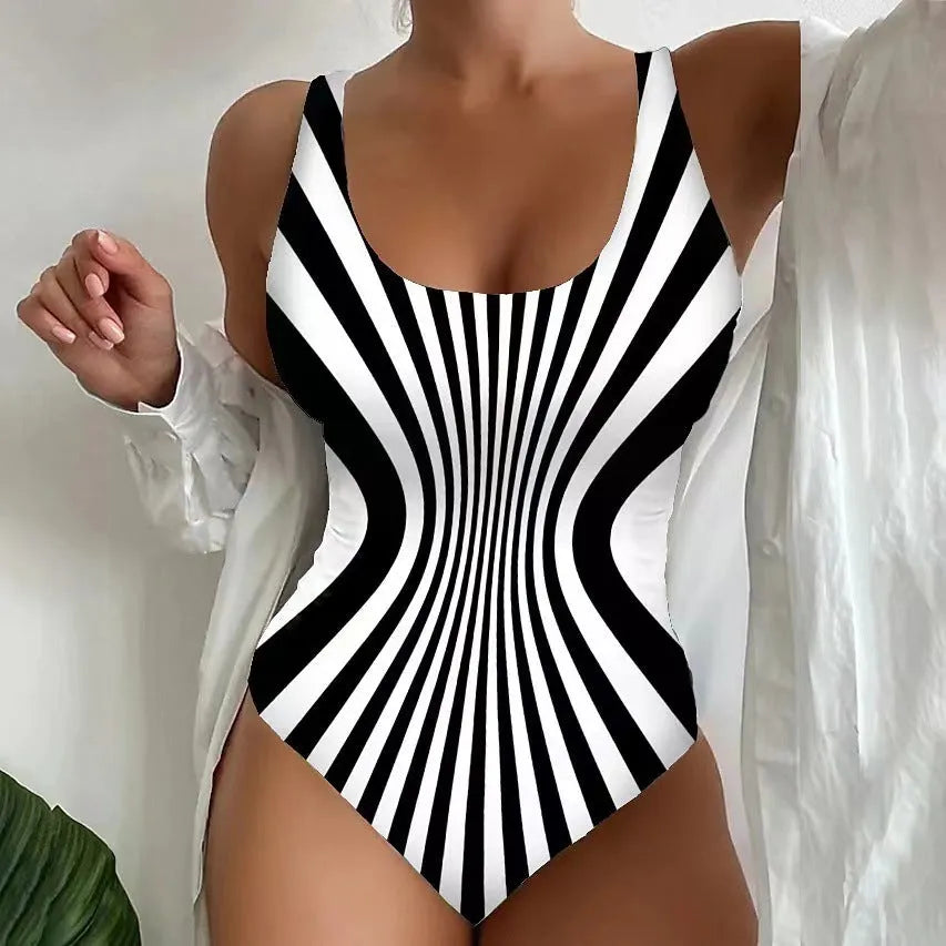 Women's one-piece sling striped printed swimsuit in polyester, multiple colour options and sizes S to 5XL