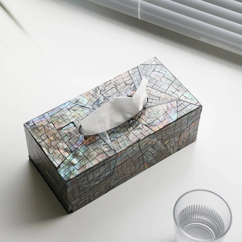 Natural shell tissue box storage in black with modern minimalist design, showing rectangular and square options