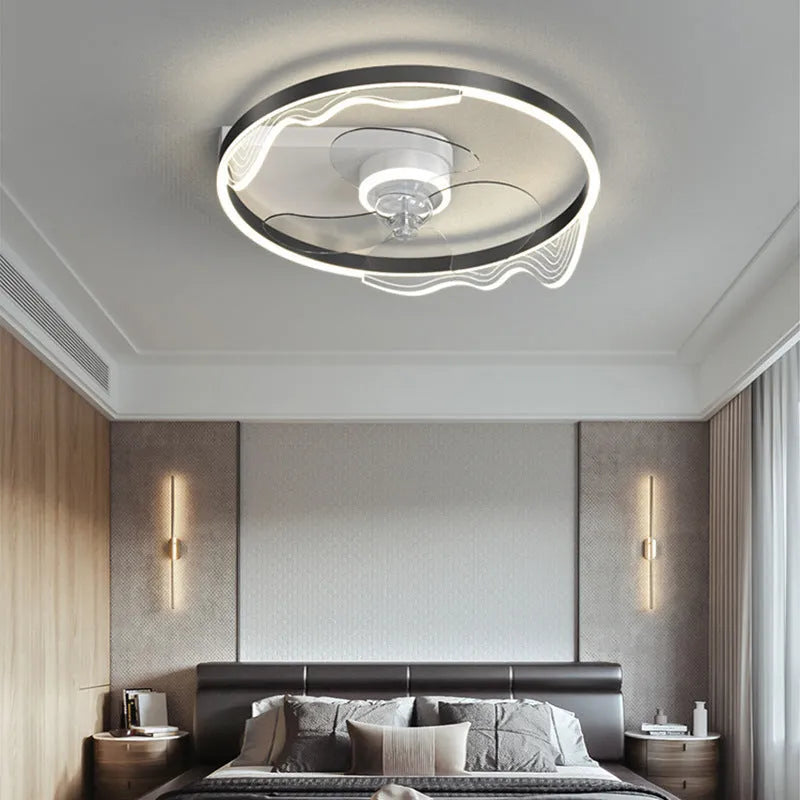 Modern Nordic style white ceiling light with integrated fan blades for a child's room.