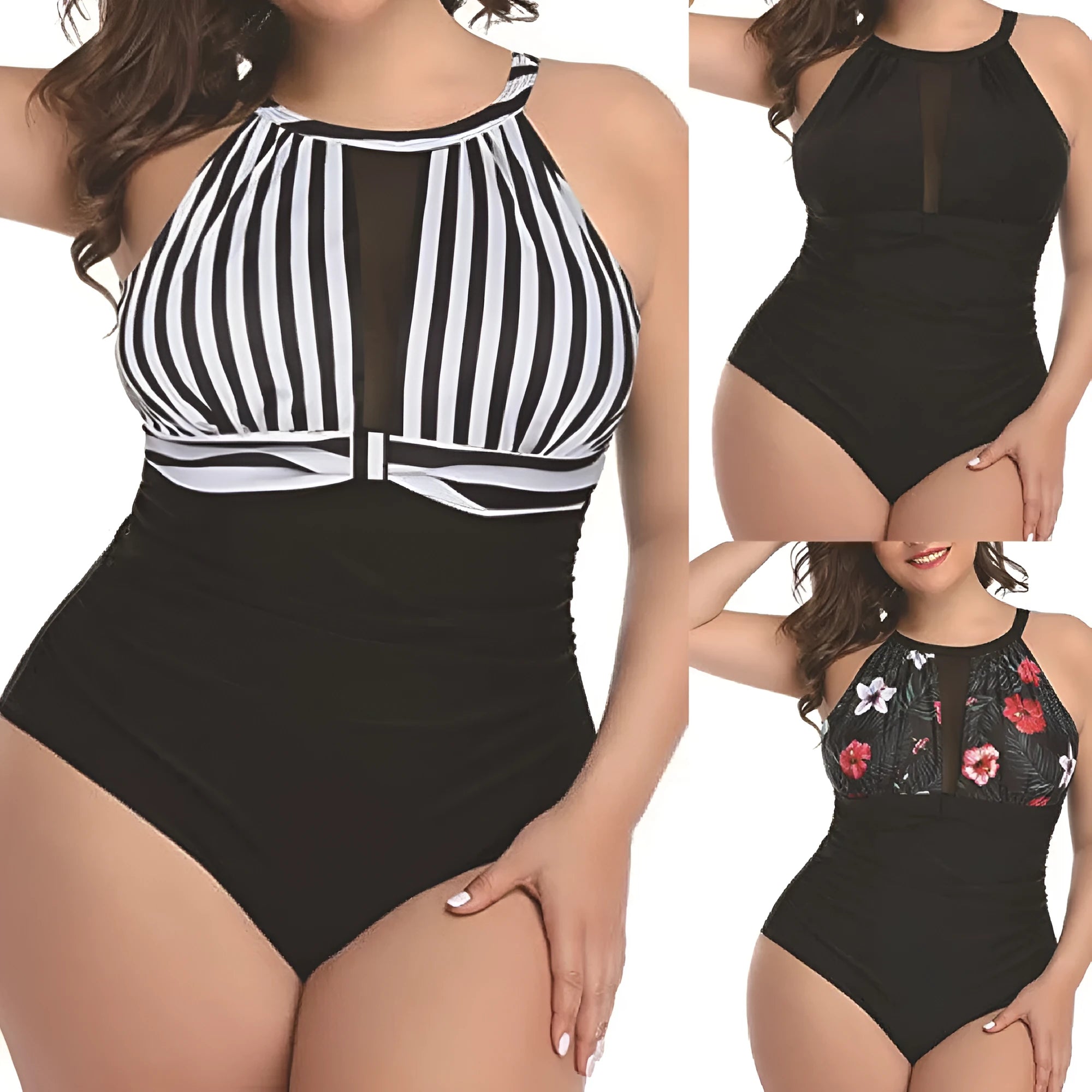 Women's black, striped, and red floral one-piece polyester swimsuit showing front view on mannequin.