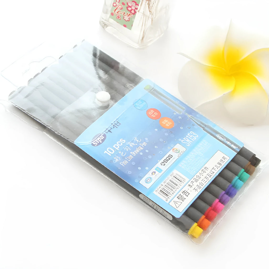 Pack of ten black hook line pens with 0.38mm fine tips for technical drawing.