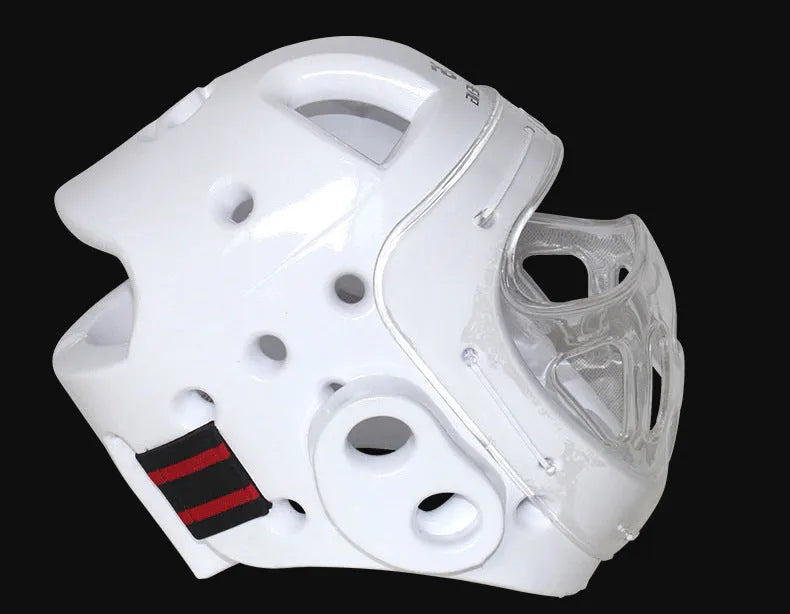 Karate helmet for boxing head protection shown in white, blue, and red colour options.