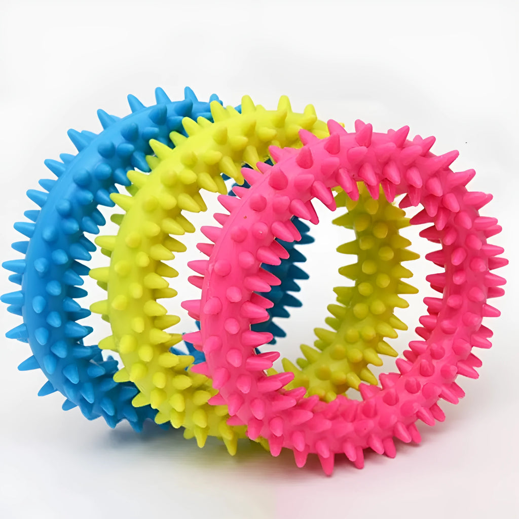 Blue TPR spiky circle dog chew toy on a white background showing dental nubs and ring shape.