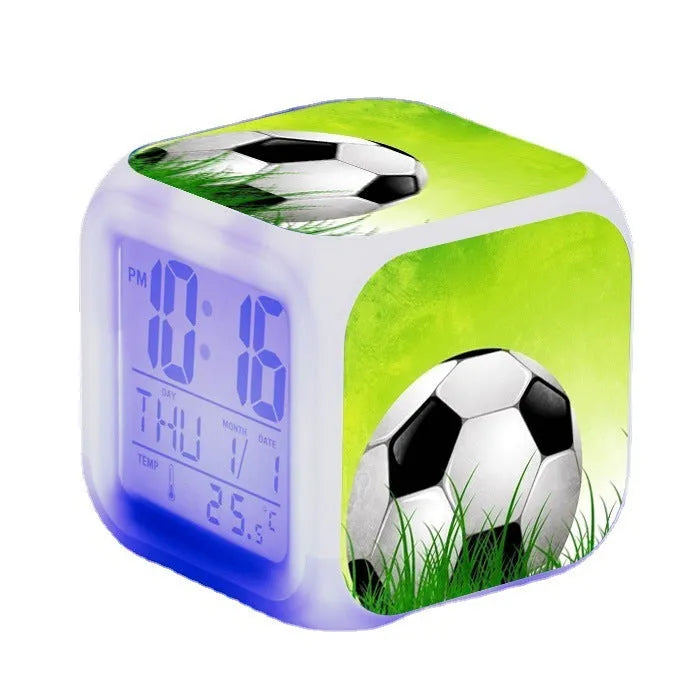 Square children's alarm clock with football pattern design and mute alarm function