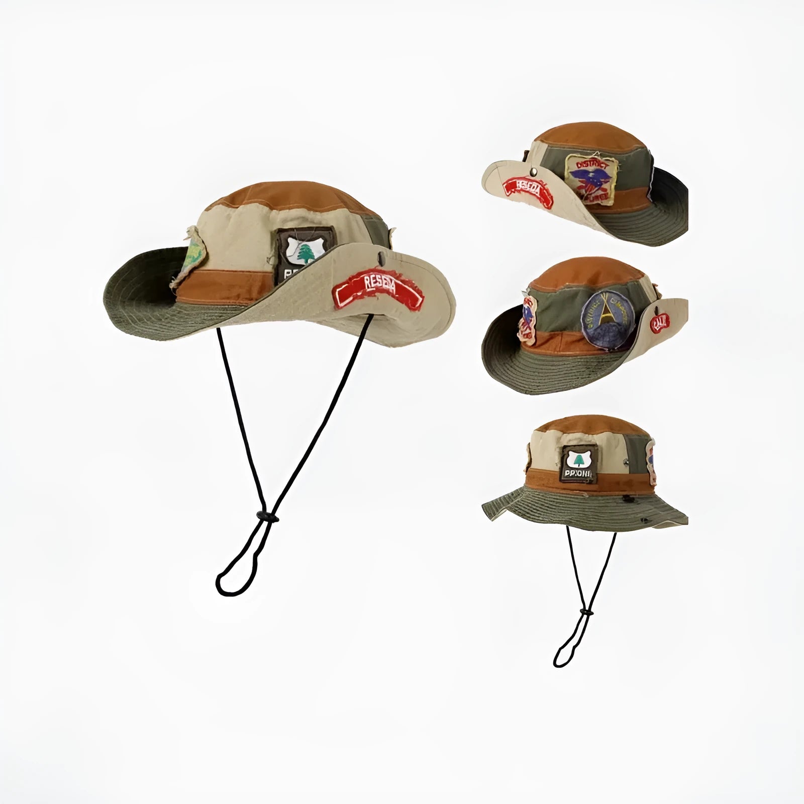 Army green cotton fisherman hat with patchwork design and flat top crown, shown folded for storage