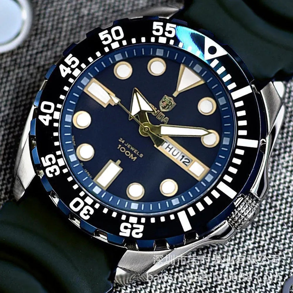Men's waterproof luminous quartz watch with 15mm thickness in blue, silver or black case options