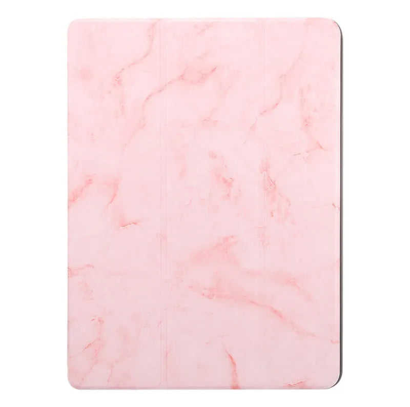 Tri-fold imitation leather iPad case with marbling pattern and a visible pen slot on the side.