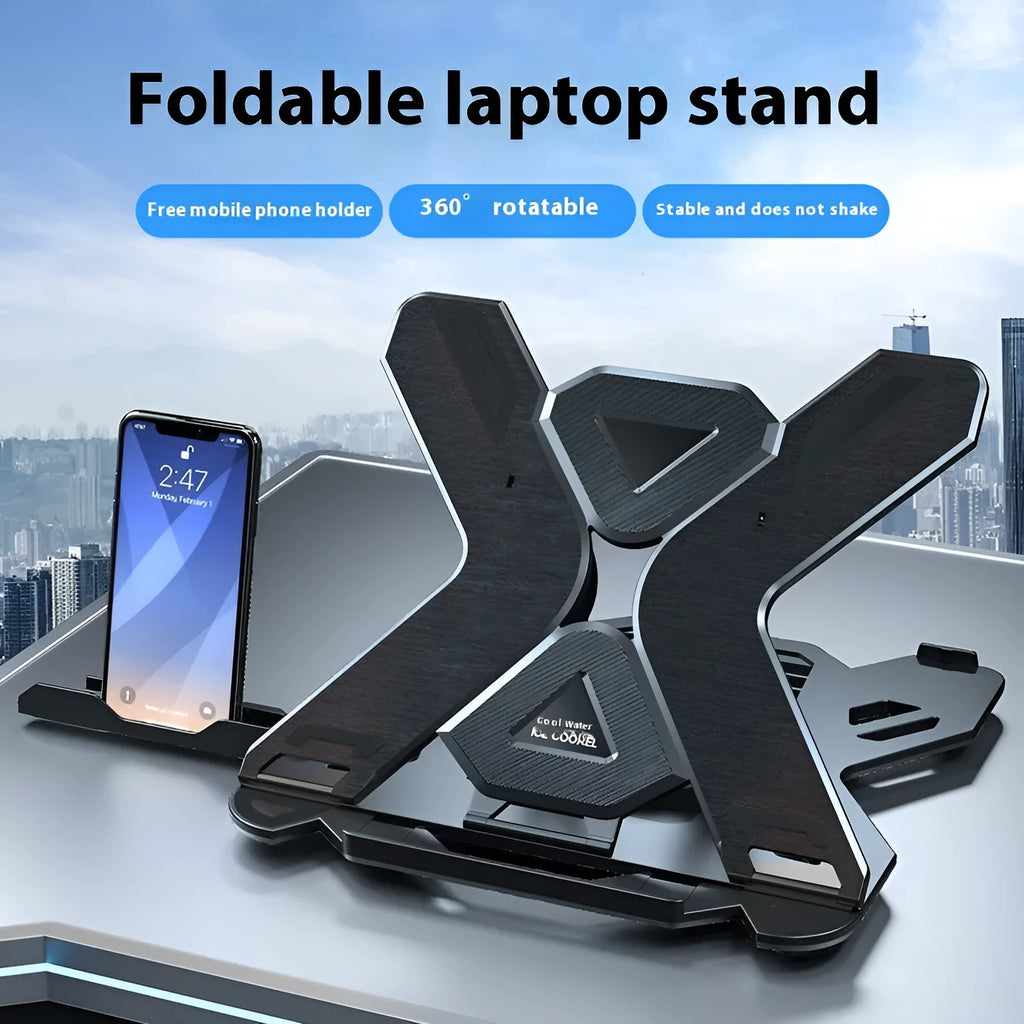 Black ABS plastic laptop bracket on a wooden desk next to a laptop.