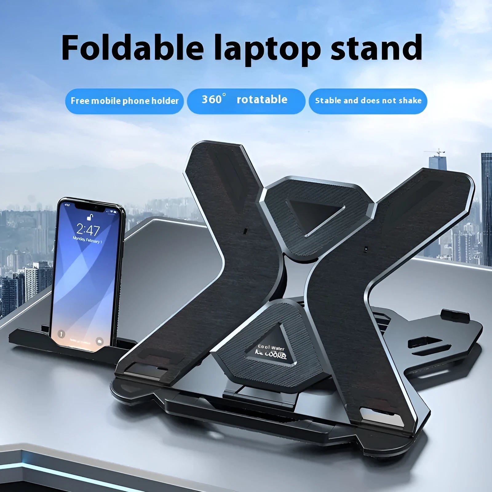Black ABS plastic laptop bracket on a wooden desk next to a laptop.