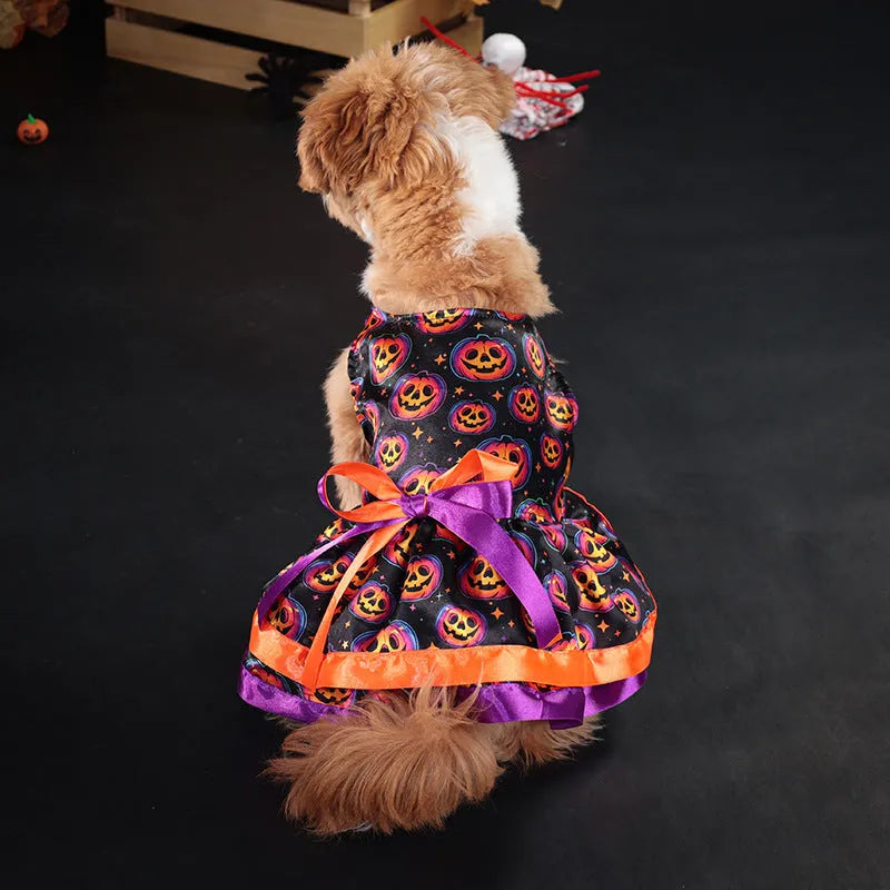 Halloween dog skirt with colourful pumpkin print, shown in size M on a mannequin.