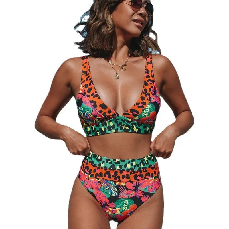 Women's floral print high waist bikini swimsuit in polyester fabric for swimming