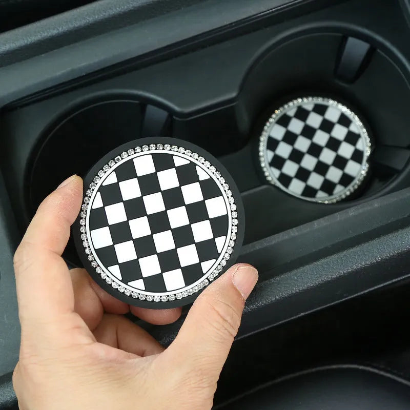 PVC plastic car water cup mat coaster in black and white checkerboard pattern for dashboard cup holder