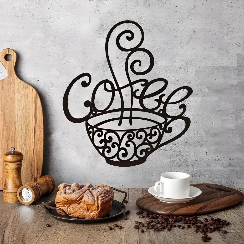 Black wrought iron single-letter silhouette wall decoration on a light wall.